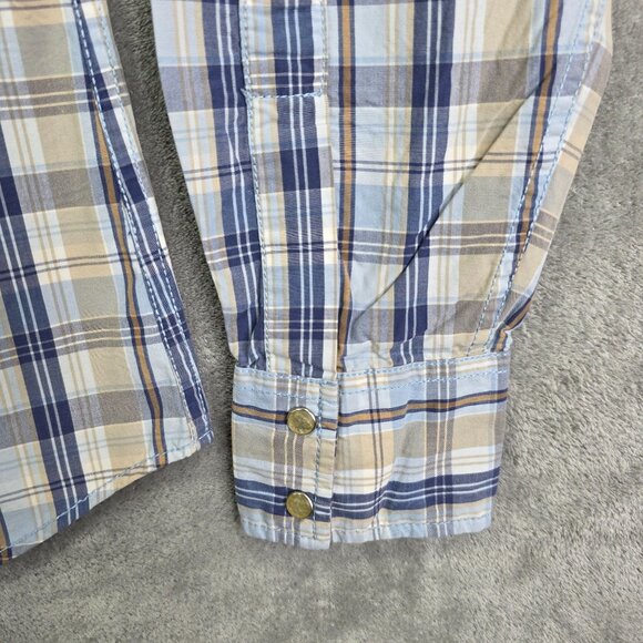 Mens Hollister Co Western Style Tan Blue Plaid Shirt Pearl Snap Button Up Size S - Picture 4 of 9